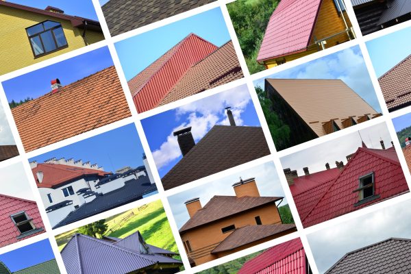 A collage of many pictures with fragments of various types of roofing. Set of images with roofs